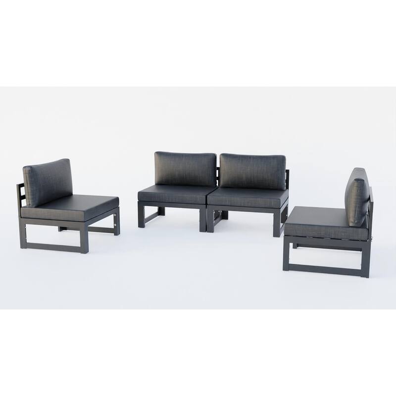 LeisureMod Chelsea 4-Piece Armless Patio Sectional Sofa Set with Cushions for Patio Porch Backyard Garden - Black
