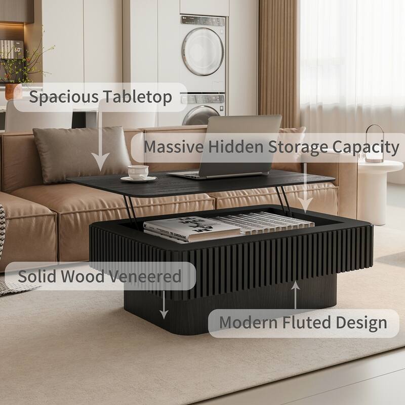Fluted Lift-top Accent Tea Table with Storage,Adjustable Height,for Modern Living Spaces