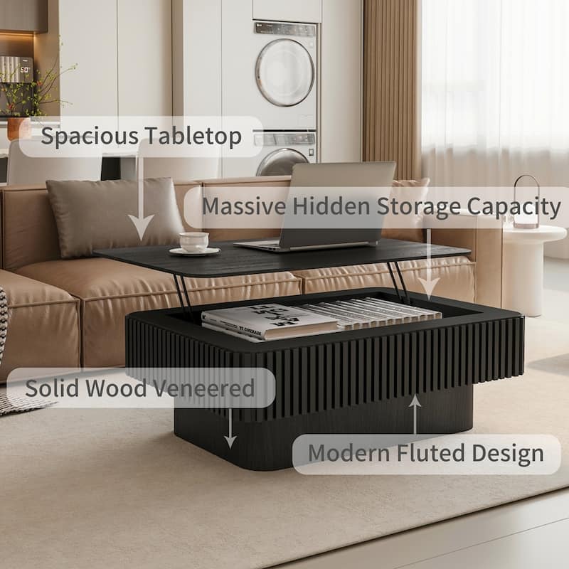 Storage Modern Coffee Table 38.6'' Fluted Lift-top Tea Coffee Table
