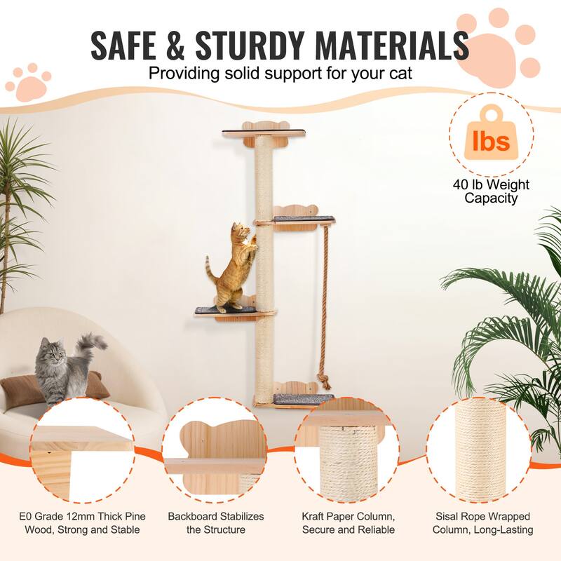 4 Tiers Tall Cat Tree Wood Cat Perch for Sleeping Playing and Climbing