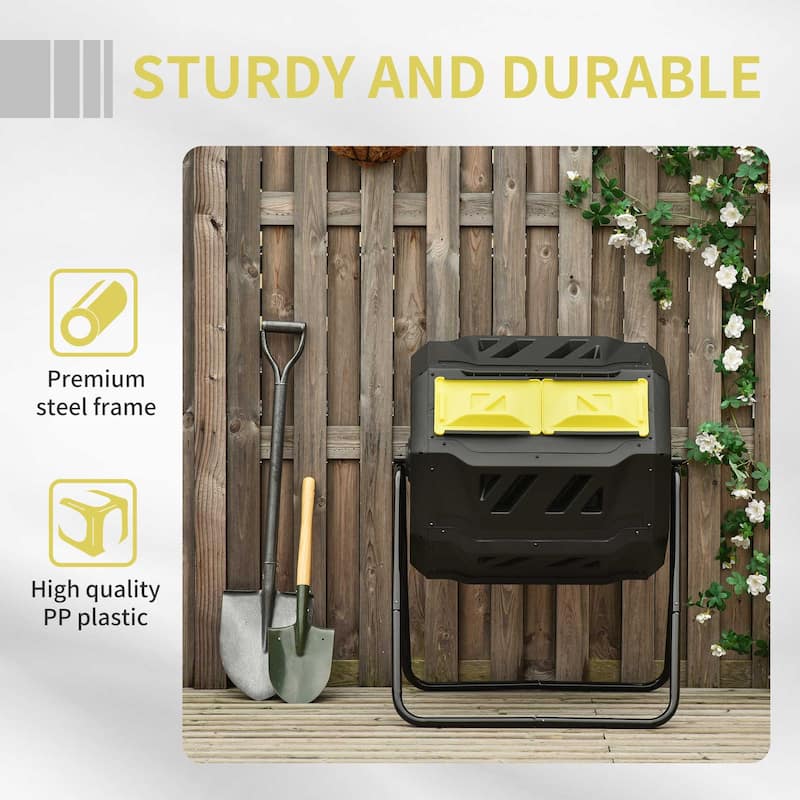 Outsunny Tumbling Compost Bin Outdoor Dual Chamber 360-deg Rotating Composter 43 Gallon w/ Sliding Doors & Solid Steel Frame