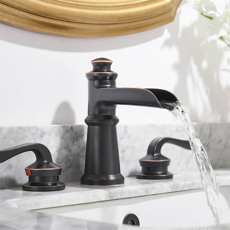 Widespread Waterfall Bathroom Faucet With Drain Assembly 3 Hole Bathroom Sink Faucets Double Handle 8 Inch Basin Vanity Taps