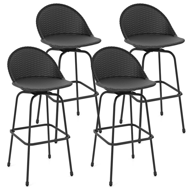 Gymax Rattan Swivel Barstools Set of 4 w/ Curved Back & Heavy-Duty - Counter Height - Black - Set of 4