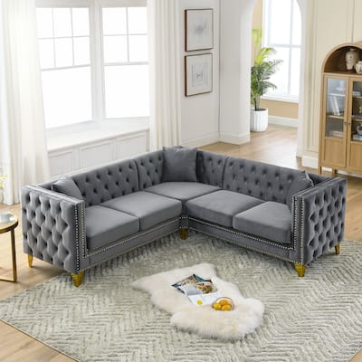 82.2'' Velvet Chesterfield 5-Seater L-Shaped Sofa with Nailhead Trim, Tufted Backrest, and Metal Legs