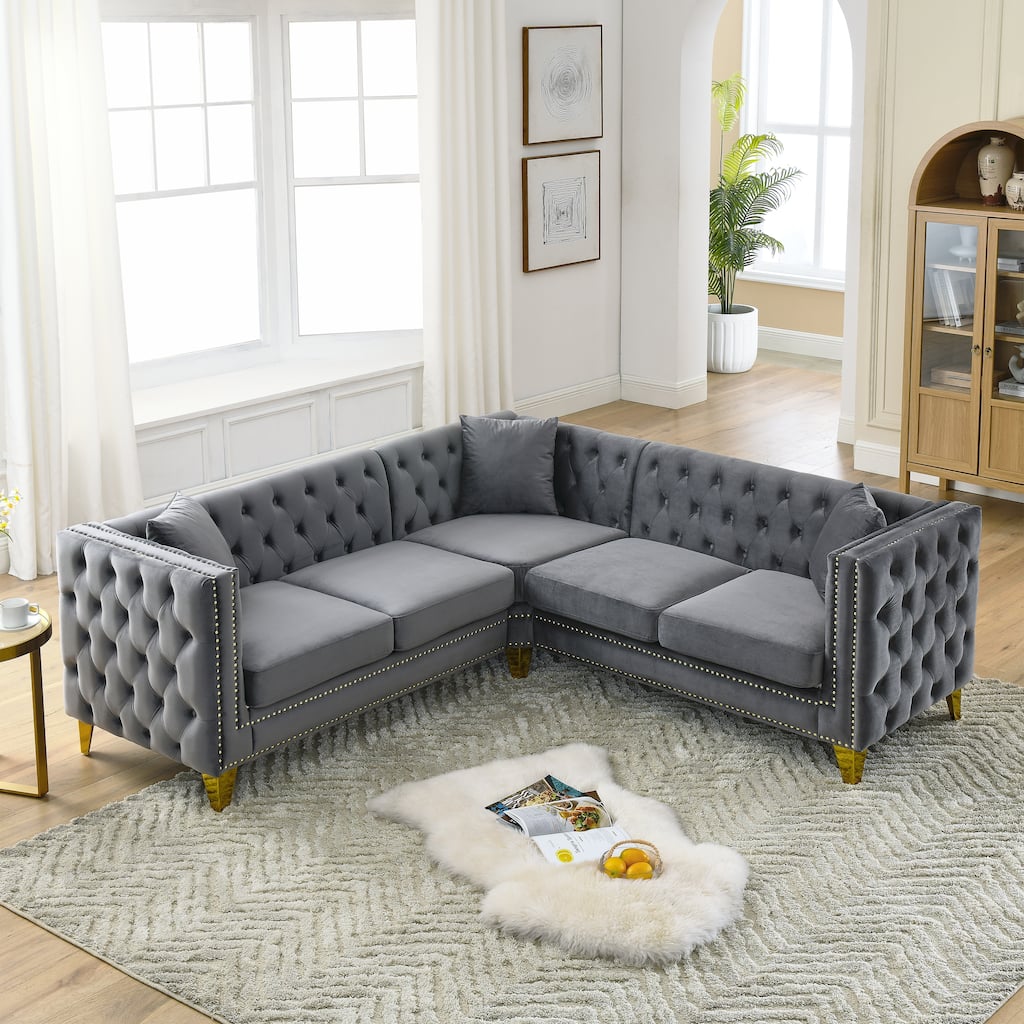 Grey 82.2'' Velvet Chesterfield L-Shaped Sofa for 5 with Nailhead Trim, Metal Legs, and Tufted Cushions