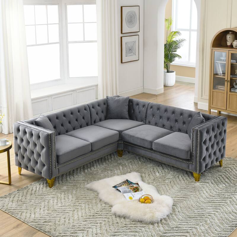 82.2' Velvet Corner Sofa , L-Shaped Sectional Couch with 3 Cushions for Living Room and Bedroom and Apartment - Gray