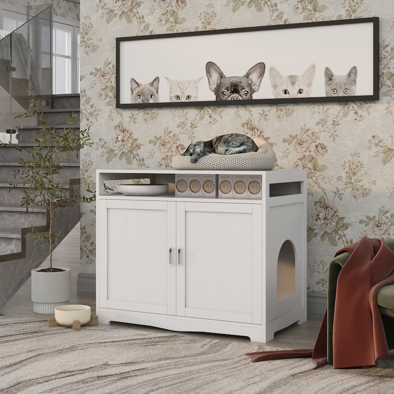 Cat Litter Box Enclosure with 2 Doors and Hidden Plug,White