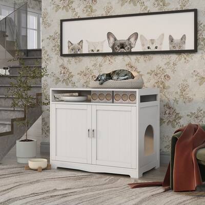 Cat Litter Box Enclosure with 2 Doors and Hidden Plug,White