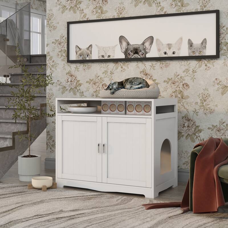Litter Box Enclosure, Cat Litter Box Furniture with Hidden Plug, 2 Doors, Indoor Cat Washroom Storage Bench Side Table Cat House