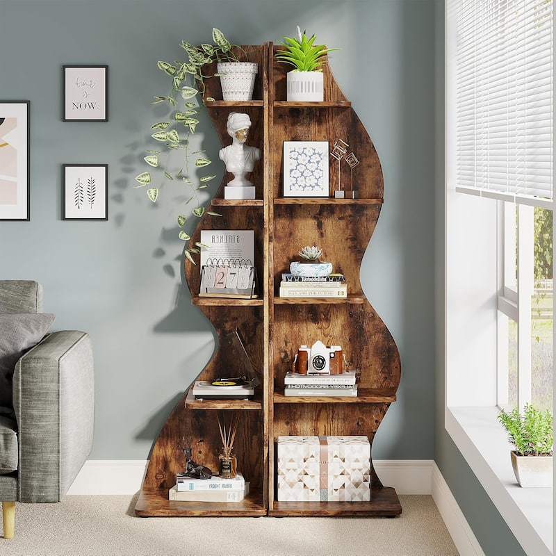 Corner Shelf Bookcase Bookshelf with Unique Shape for Living Room, Home Office - 2PC - Brown