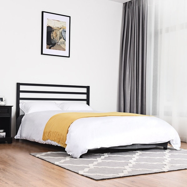 Costway Queen Size Steel Bed Frame Platform Wooden Slat Support With Headboard Black