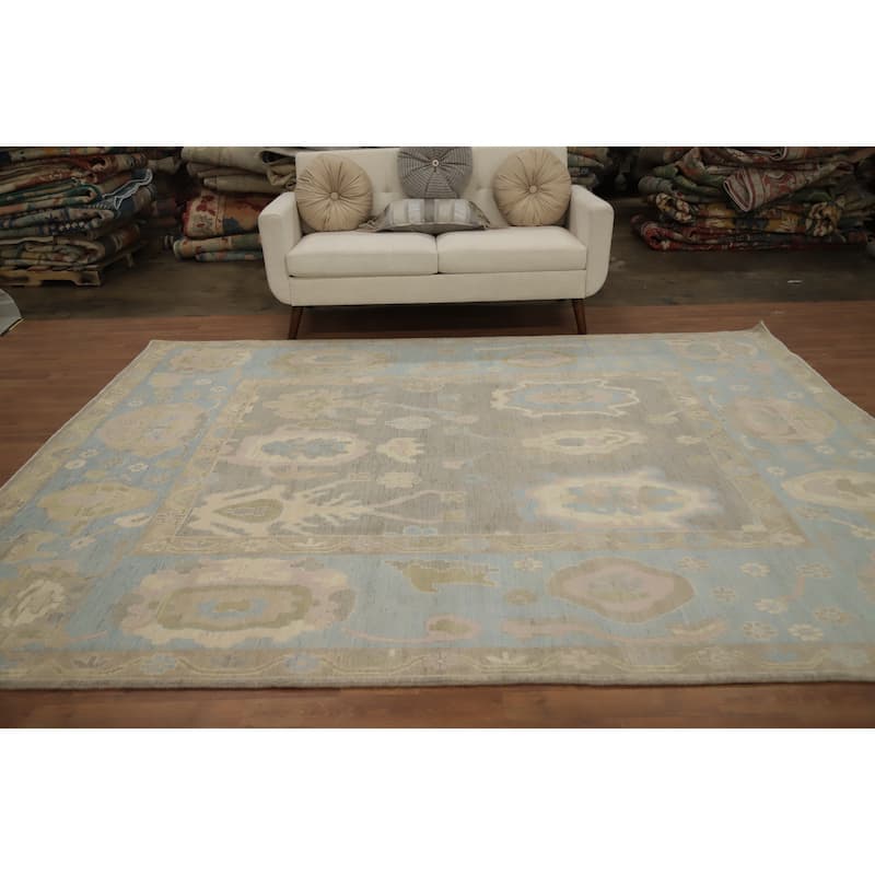 Hand Knotted Oriental 100% Wool Carpet Transitional All-Over Greys & Charcoal Oushak Area Rug - 9' 11'' X 7' 10''