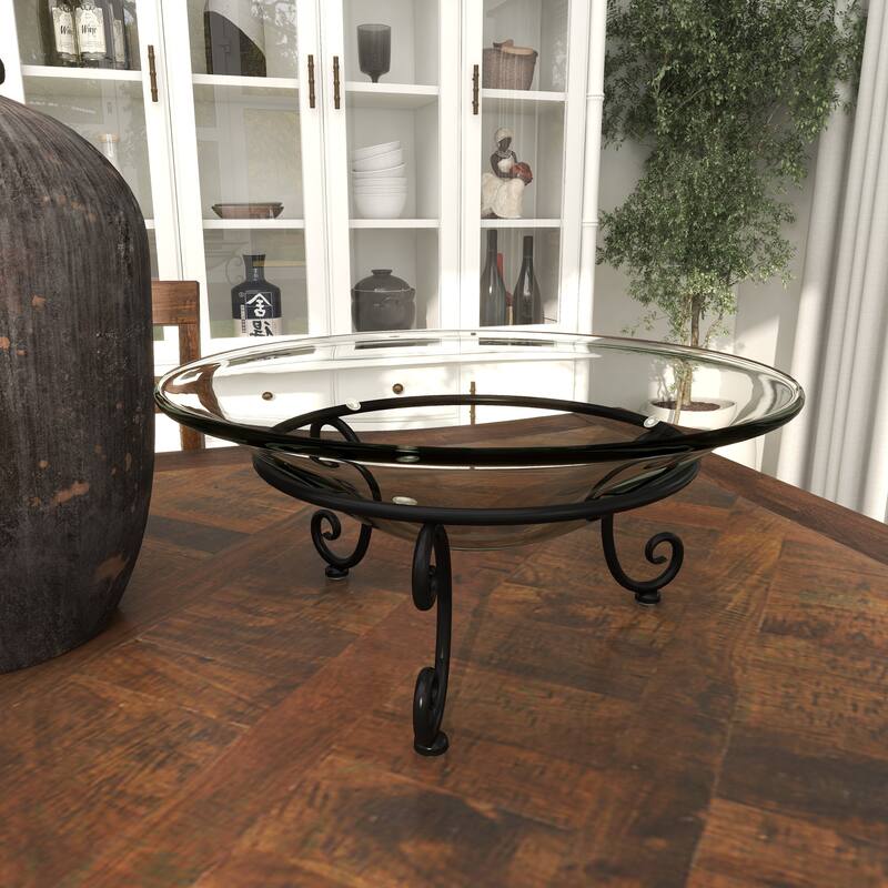 Clear Tempered Glass Kitchen Serving Bowl with Black Metal Scroll Stand
