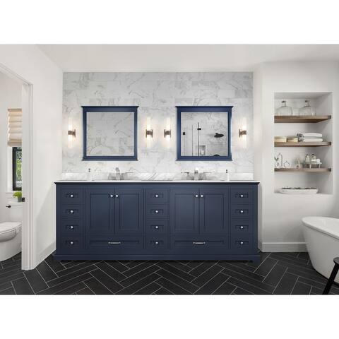 Dukes 84 in. W x 22 in. D Navy Blue Double Bath Vanity, Carrara Marble Top, Faucet Set, and 34 in. Mirrors