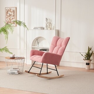 Pink Rocking Chair Solid Wood Legs Reading Chair with Teddy Fabric ...