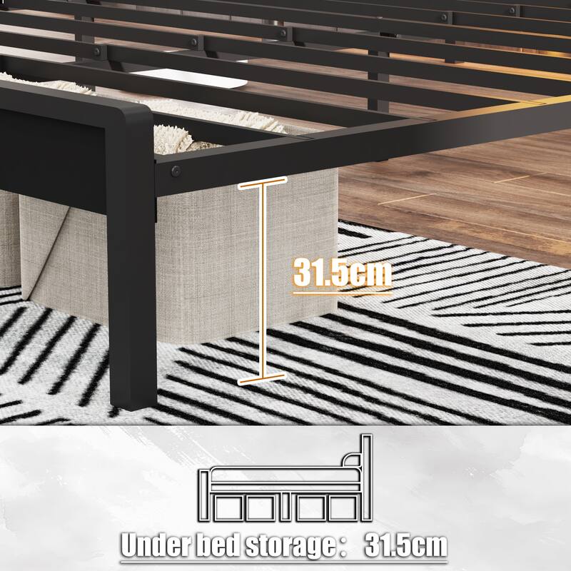 Full Metal Platform Bed with Wood Headboard/Footboard, USB & LED Lights, Under Bed Storage
