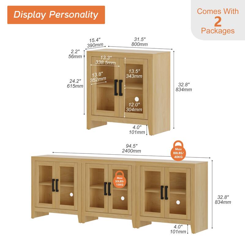 WAMPAT Modern Farmhouse Modular Buffet Cabinet, Glass Door Sideboard with Adjustable Shelves