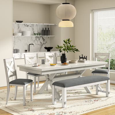 VECELO Dining Table Set with Bench, Solid Wood Rectangular Extendable Dining Table & 4/6 Solid Wood Dining Chairs