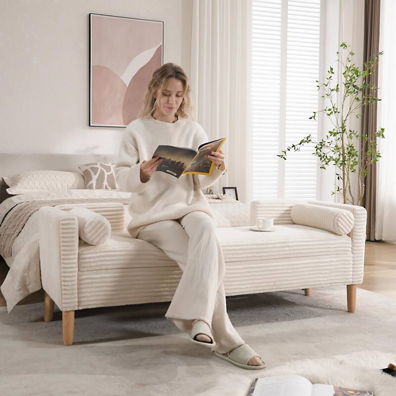 65.35" W Corduroy Storage Bench with Backrest, Armrests & 2 Bolster Pillows, Upholstered Bed End Bench for Entryway & Bedroom