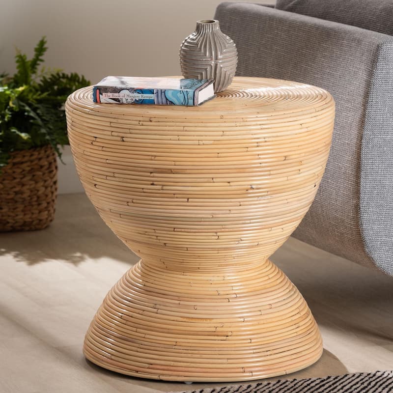 Tokyo Laminated Natural Rattan Side Table - Hourglass Table with Sculptural Design, Boho Chic Style for Living Room