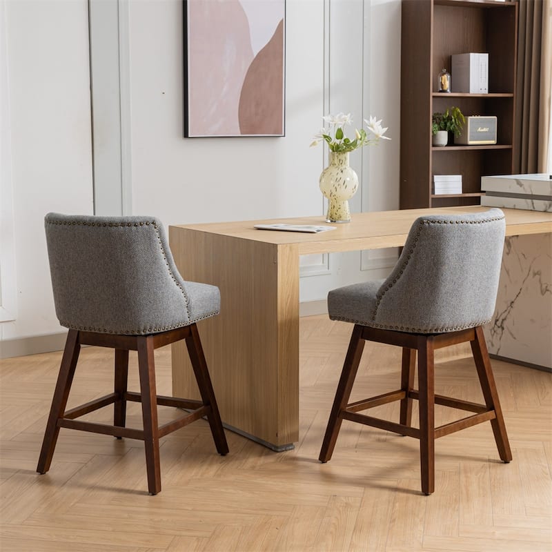 Counter Height Upholstered Swivel Bar Stools with Wood Legs (Set of 2)