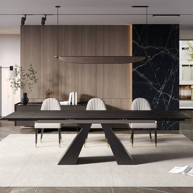 9 - Piece 110.24'' Extendable Sintered Stone Dining Table and 8 Leather Chairs Dining Set