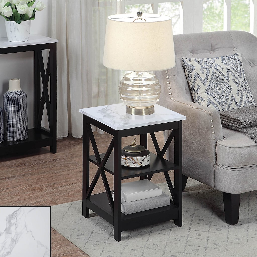 End Table with Three Open Shelves and X Frame Panels, Transitional Storage Side Table for Coastal or Farmhouse Style Décor