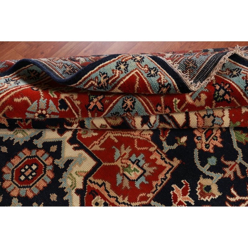 Hand Knotted Oriental 100% Wool Carpet Traditional All-Over Navy Blue & Blues Heriz (serapi) Area Rug - 12' 0'' X 9' 1''