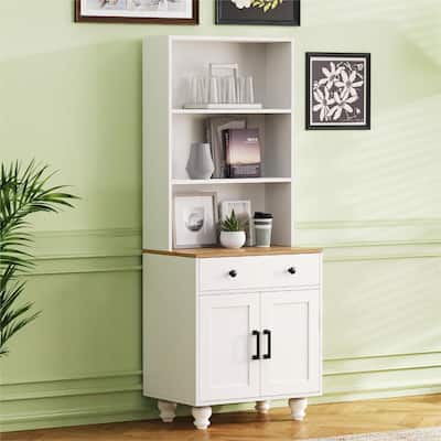 Modern Kitchen Pantry Cabinet with Adjustable Shelves, 5 Tier Bookshelf with Drawer for Living Room