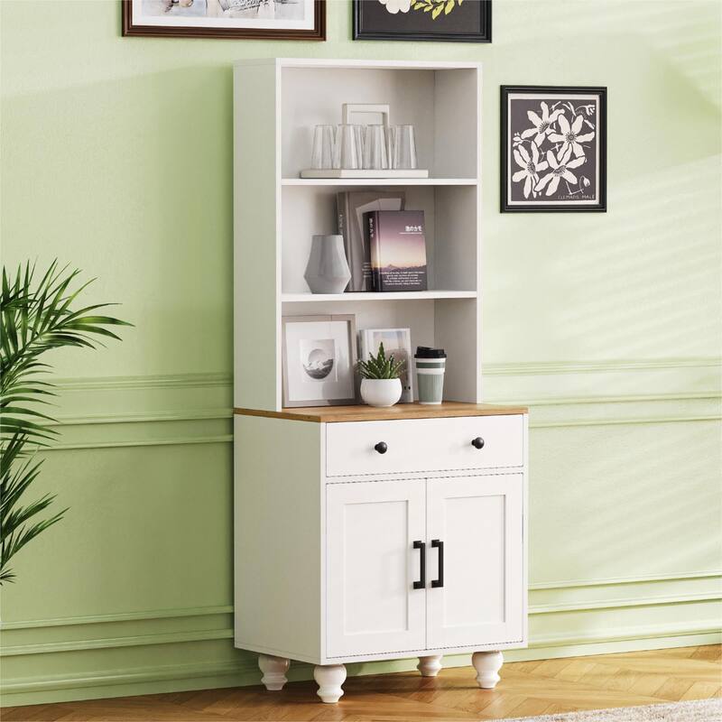 Storage Cabinet with 4 Gourd-Shaped Legs,Kitchen Pantry Cabinet with Adjustable Shelves,5 Tier Bookshelf with Drawer - White