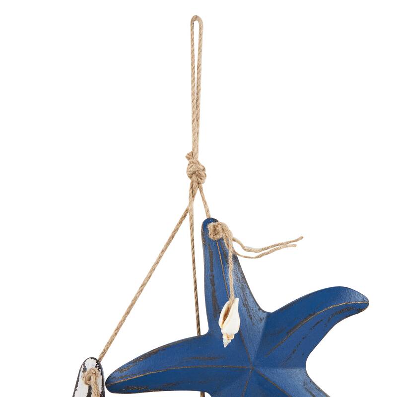 Blue Wooden Distressed Layered Starfish Home Wall Decor with Hanging Rope and Decorative Shell Accents