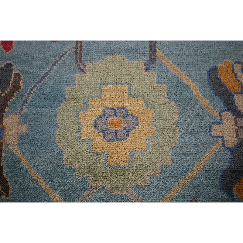 Light Blue Oushak Indian Area Rug Hand-Knotted Floral Wool Carpet - 8'11"x 11'11"