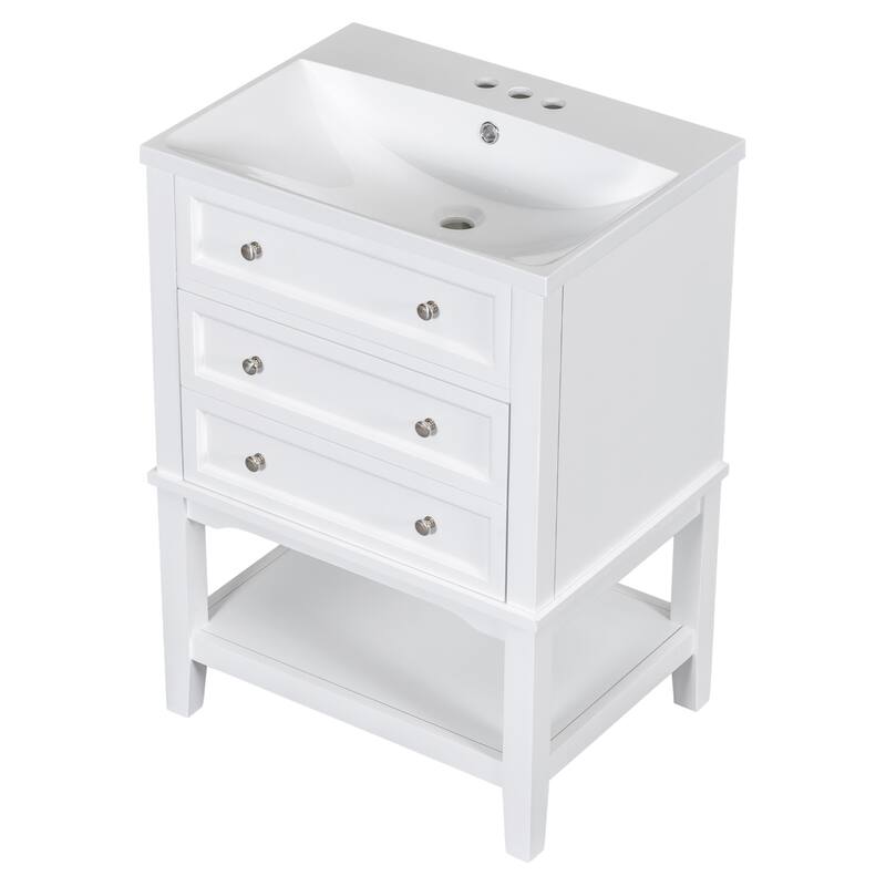 24" Bathroom Vanity With Sink, Bathroom Storage Cabinet with Drawer and Open Shelf, Solid Wood Frame, White