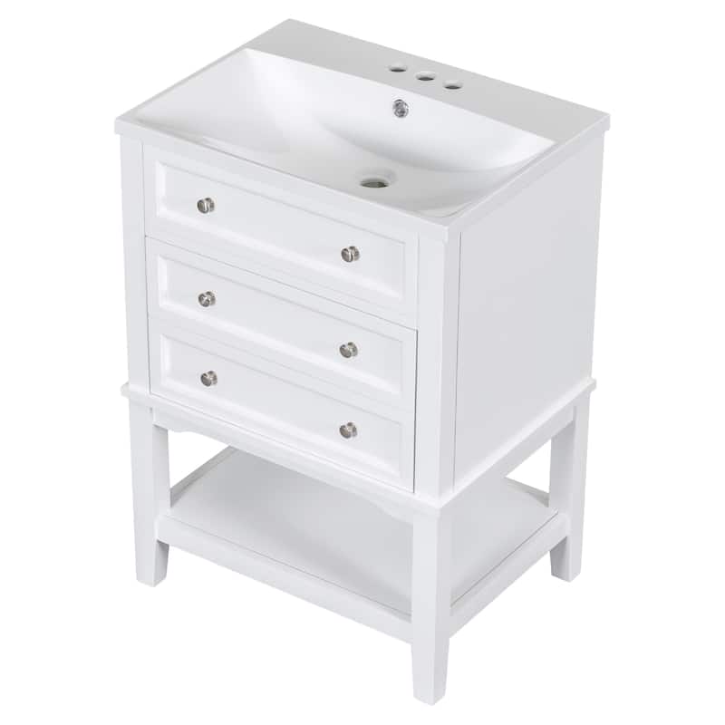 Roomfitters 24" Bathroom Vanity with Sink Storage Cabinet with Drawer and Open Shelf Solid Wood Frame, White