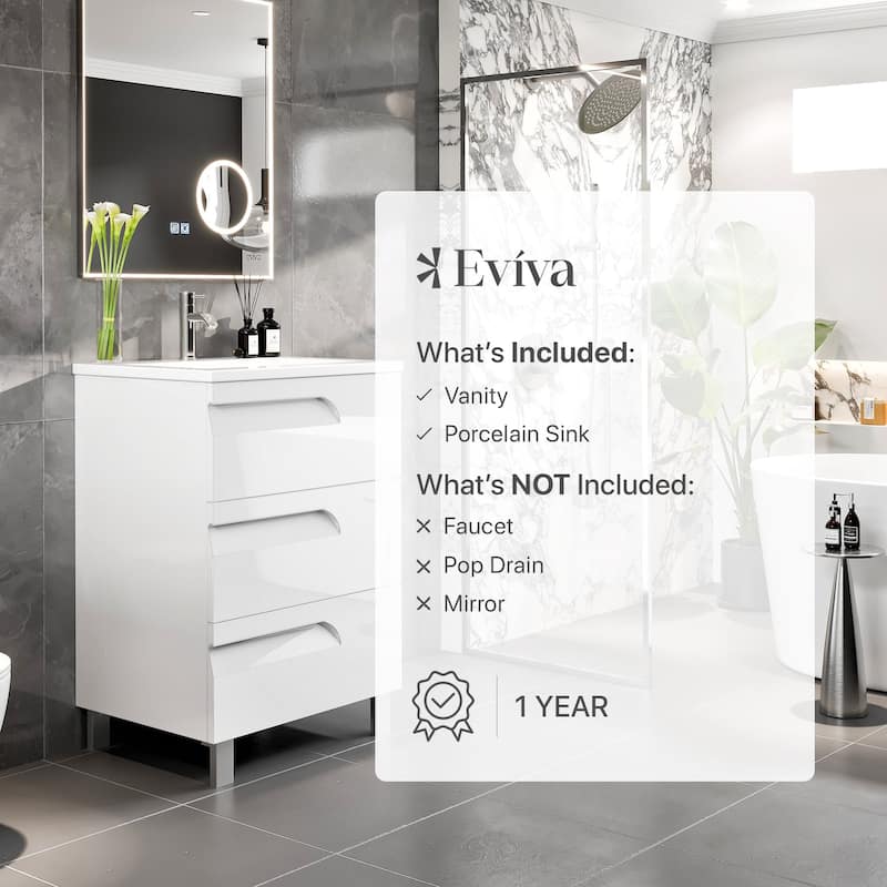 Joy 24"W WH Freestanding Bath Vanity with Porcelain Top & Integrated Sink