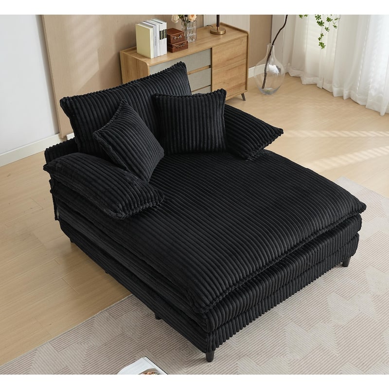Reclining Sleeper Sofa Bed Single Chaise Lounge Corduroy Upholstered Lounge Couch Chair with Adjustable Backrest and Pillows - Black