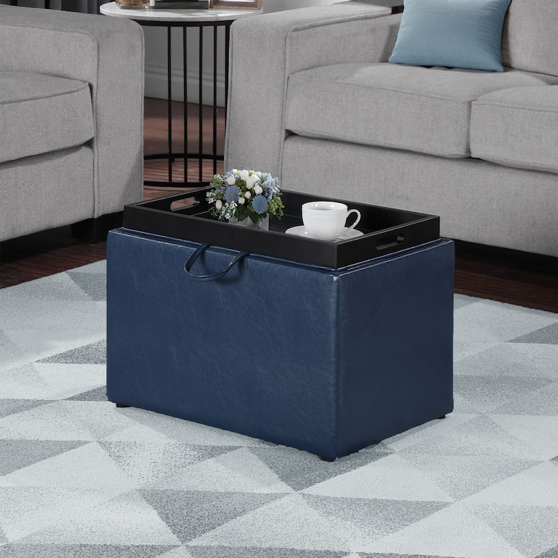 Convenience Concepts Designs4Comfort Accent Storage Ottoman with Reversible Tray - Blue Faux Leather