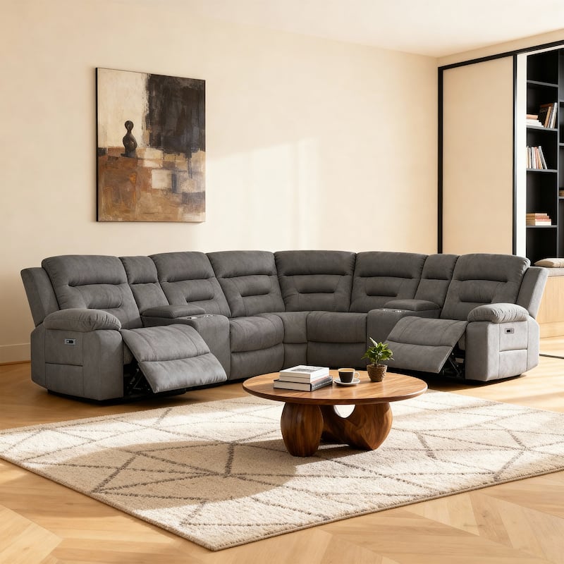 7PCS, 2 Power Recliners, Fabric Reclining Sectional with Power Headrest & Lumber