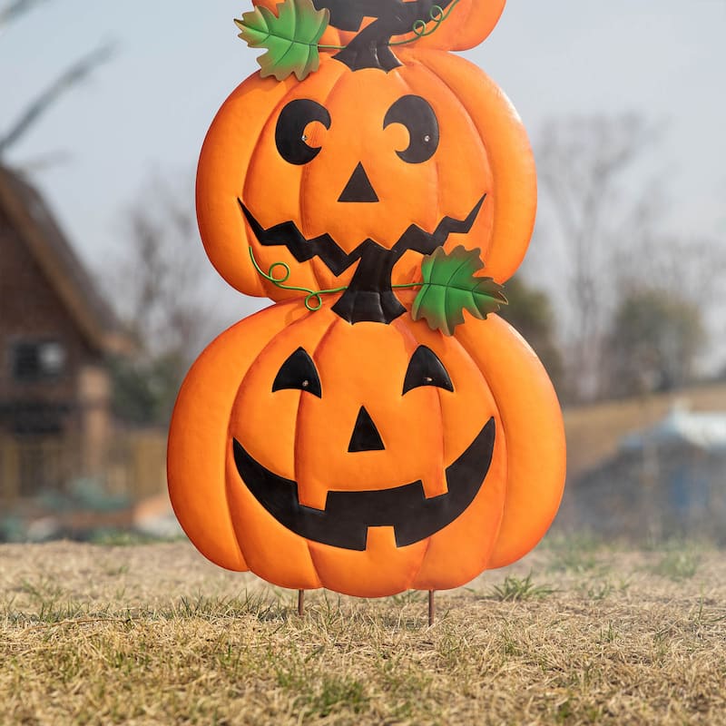 Glitzhome Lighted Halloween Metal Stacked Jack-O-Lantern Yard Stake Hanging Sign