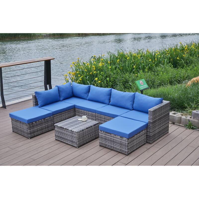 8 Pcs Patio Sectional Sofa Set, All-Weather Outdoor PE Rattan Wicker Conversation Furniture Set with Cushions and Tea Table