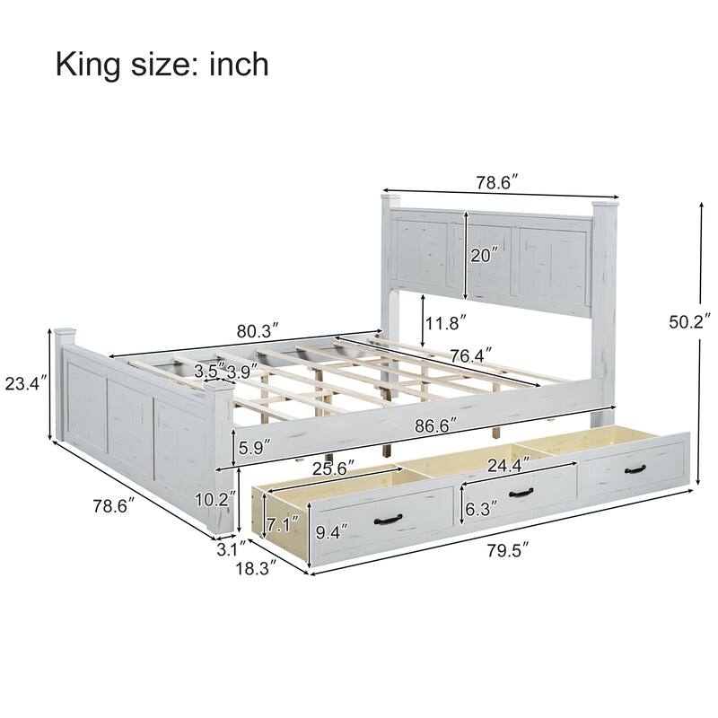 White Distressed Platform Bed Frame Wood Panel Bed w/ 3 Storage Drawers