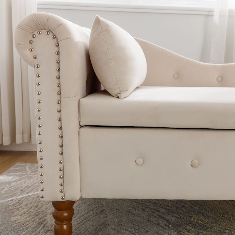Chaise Lounge Indoor,Velvet Lounge Chair with Storage & Pillow,Modern Upholstered Rolled Arm Chase Lounge with Nailhead Trim