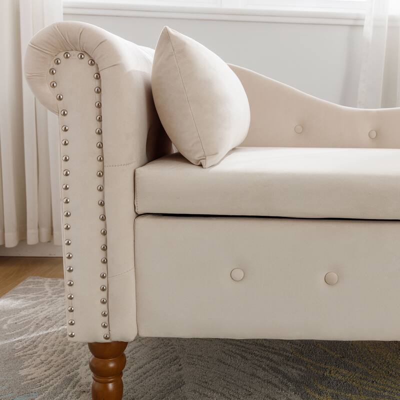 Upholstered Chaise Lounge with Storage, Button Tufted Sofa Chair with Left Armrest & Nailhead Trim, Modern Velvet Lounge Chair