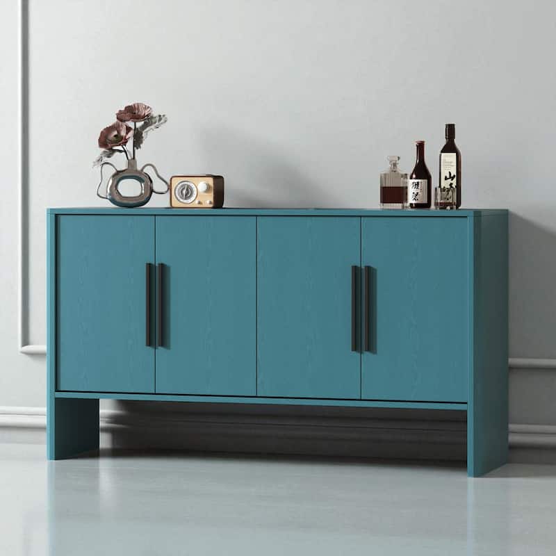 Retro 4-Door Buffet Cabinet with Adjustable Shelves and Long Metal Handles - 59" Wood Sideboard for Kitchen & Dining - Antique Blue
