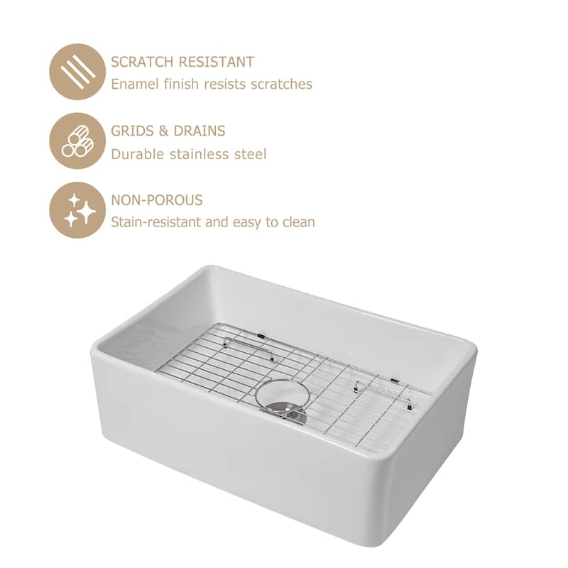 Kichae 30 Inch Ceramic Sink Farmhouse White Apron Front Kitchen Sink - 30 in.W x 20 in.D x 10 in.H
