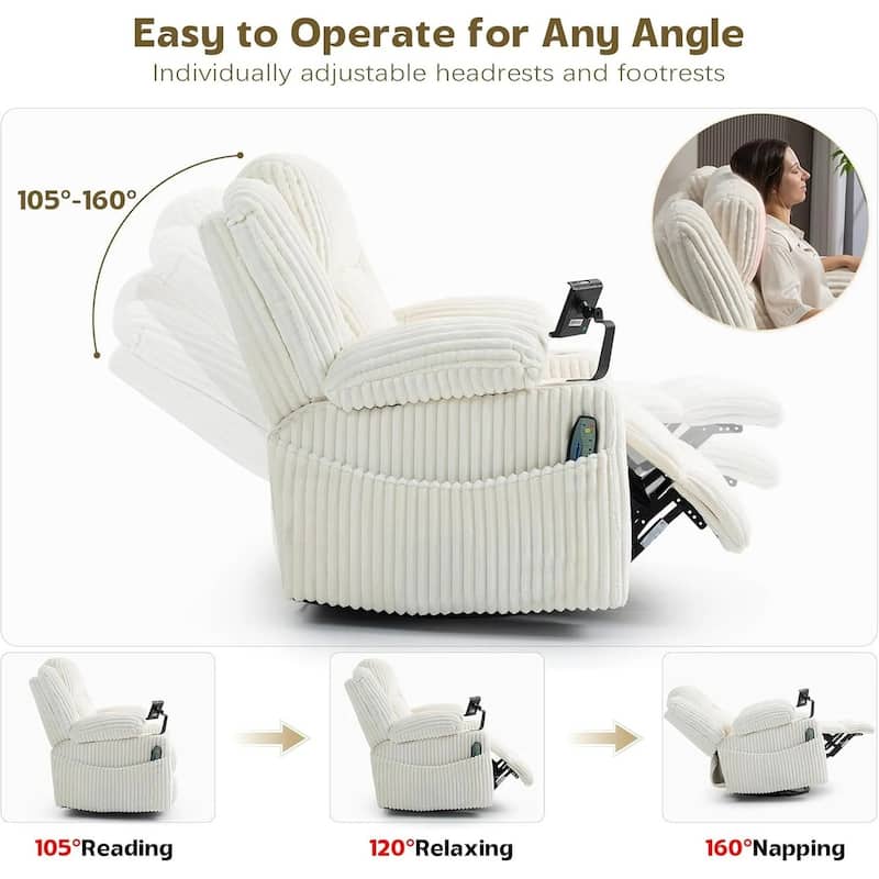 270° Swivel Velvet Recliner, Extra Wide Power Recliner Chair w/Heat Massage - USB & Type C Charging Port
