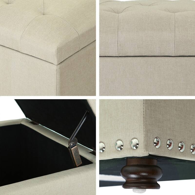 Adeco Classy Rectangle Storage Bench Natural Fabric Footstool Ottoman