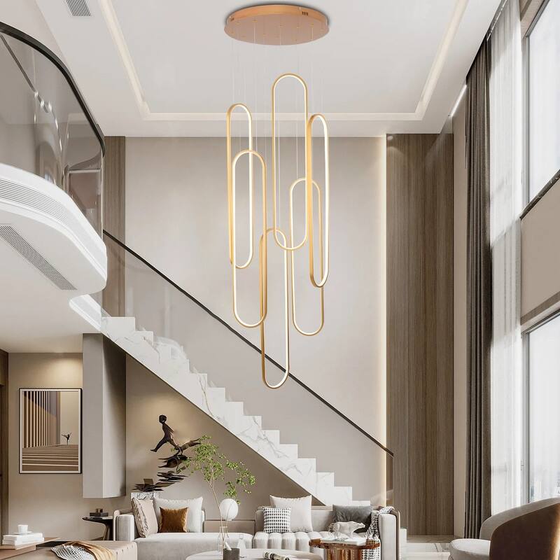 Modern LED Chandelier Large High Ceiling 6 Ring Dimmable Chandelier