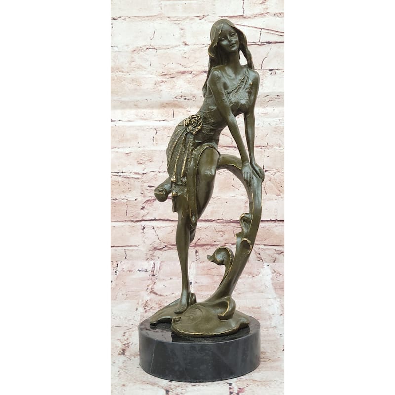 Art Nouveau Bronze Girl On Swing Sculpture – Marble Base Figurine