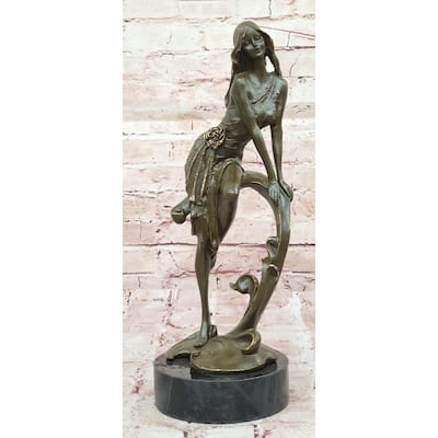 Art Nouveau Bronze Girl On Swing Sculpture – Marble Base Figurine